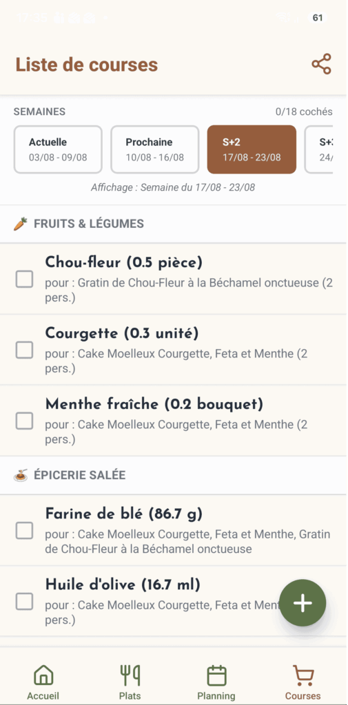 Capture d'écran de la liste des ingrédients classée par rayon